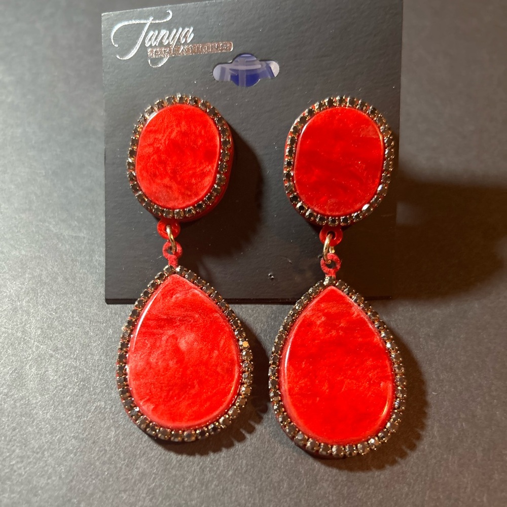 Elegant red dangle earrings with a border of small rhinestones Tanya Creations